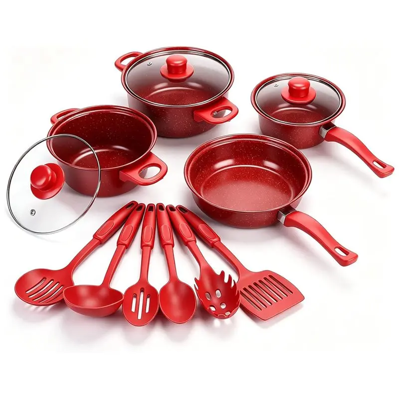 TFORU-Glass Lid Included 13Pcs Non-Stick Cookware Set, Cast Iron Pots& Pans With Utensils For Camping Picnic Travel