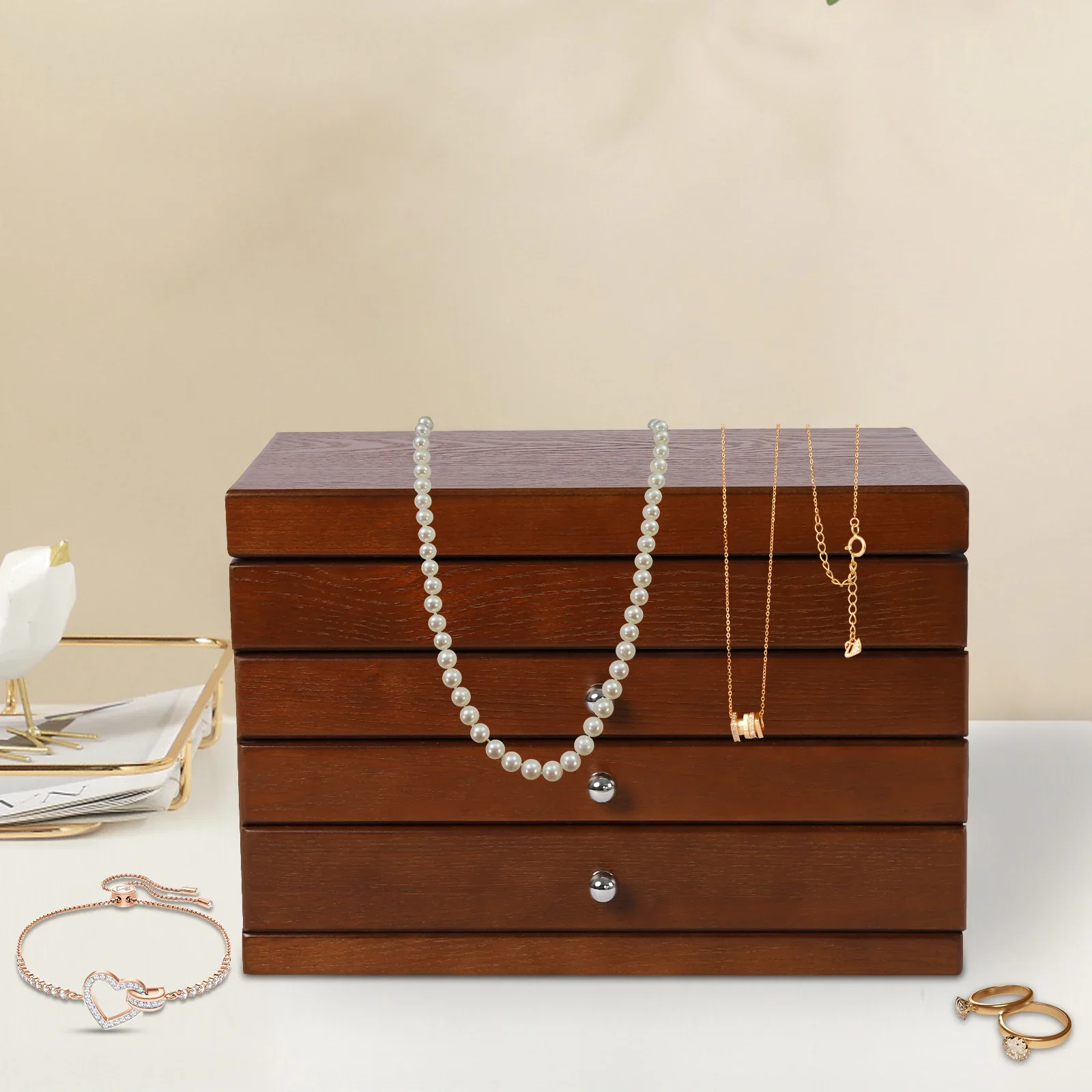 

4-layer Large Wooden Jewelry Box w/ Mirror for Women, Jewelry Organizer Watches Necklace Ring Storage Box Great Gift