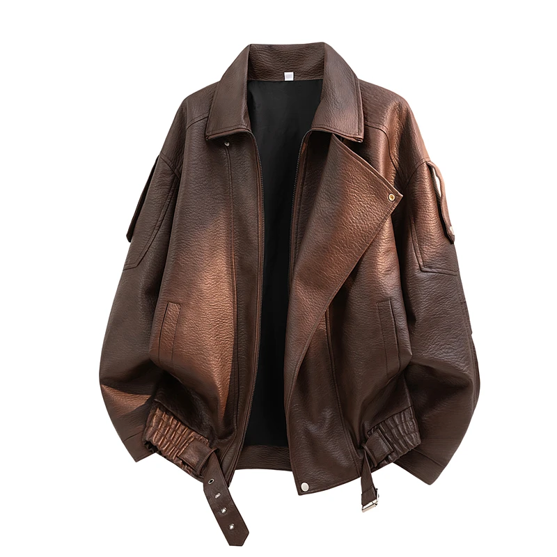 New Men's Lapel Faux Leather Jacket, Asymmetric Zipper Loose Fit Moto Biker Coat, Adjustable Belt Casual Streetwear Outerwear