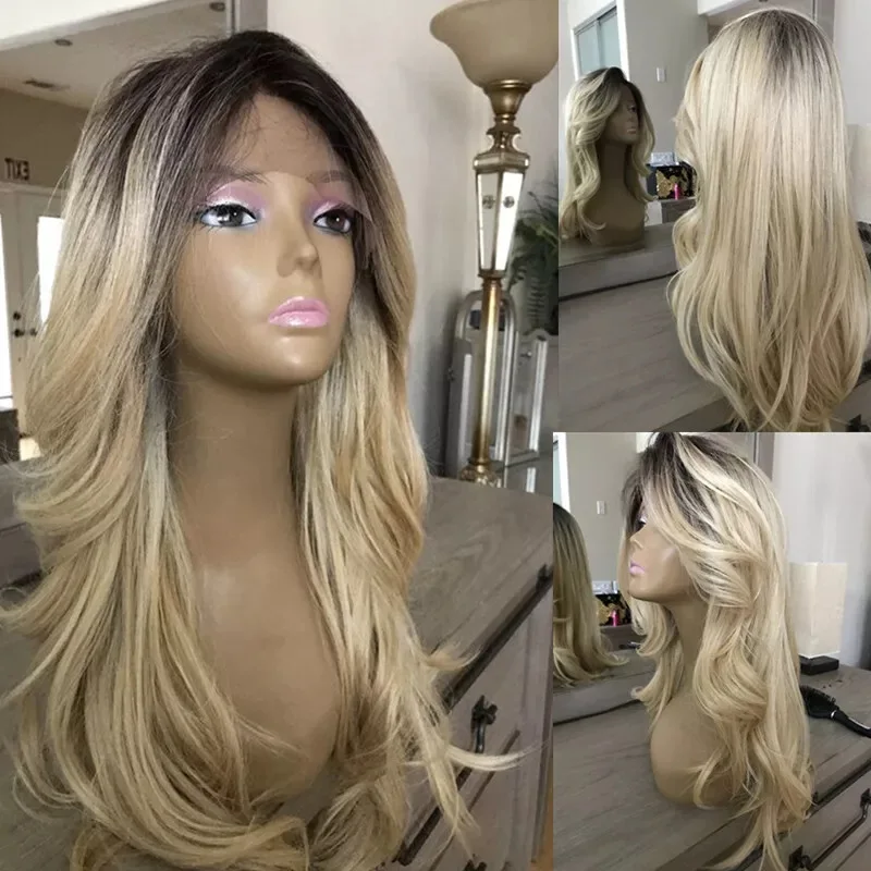 

Synthetic Lace Front Natural Wave Wig High Temperature Fiber Brown Roots Mixed with Blonde Long Curly Hair