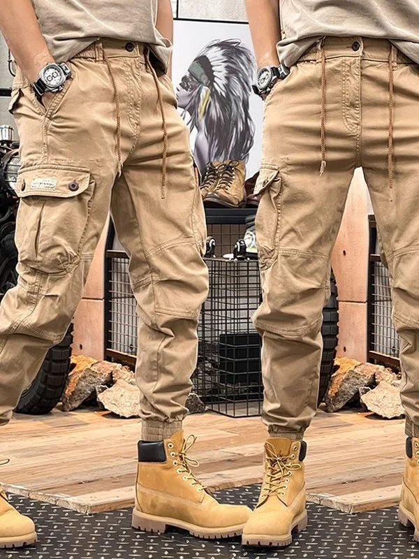 Fall Heavyweight Pure Cotton Work Trousers Men's Trendy American Fashion Pocket Elastic Waist Versatile Loose Harlan Long Tro...