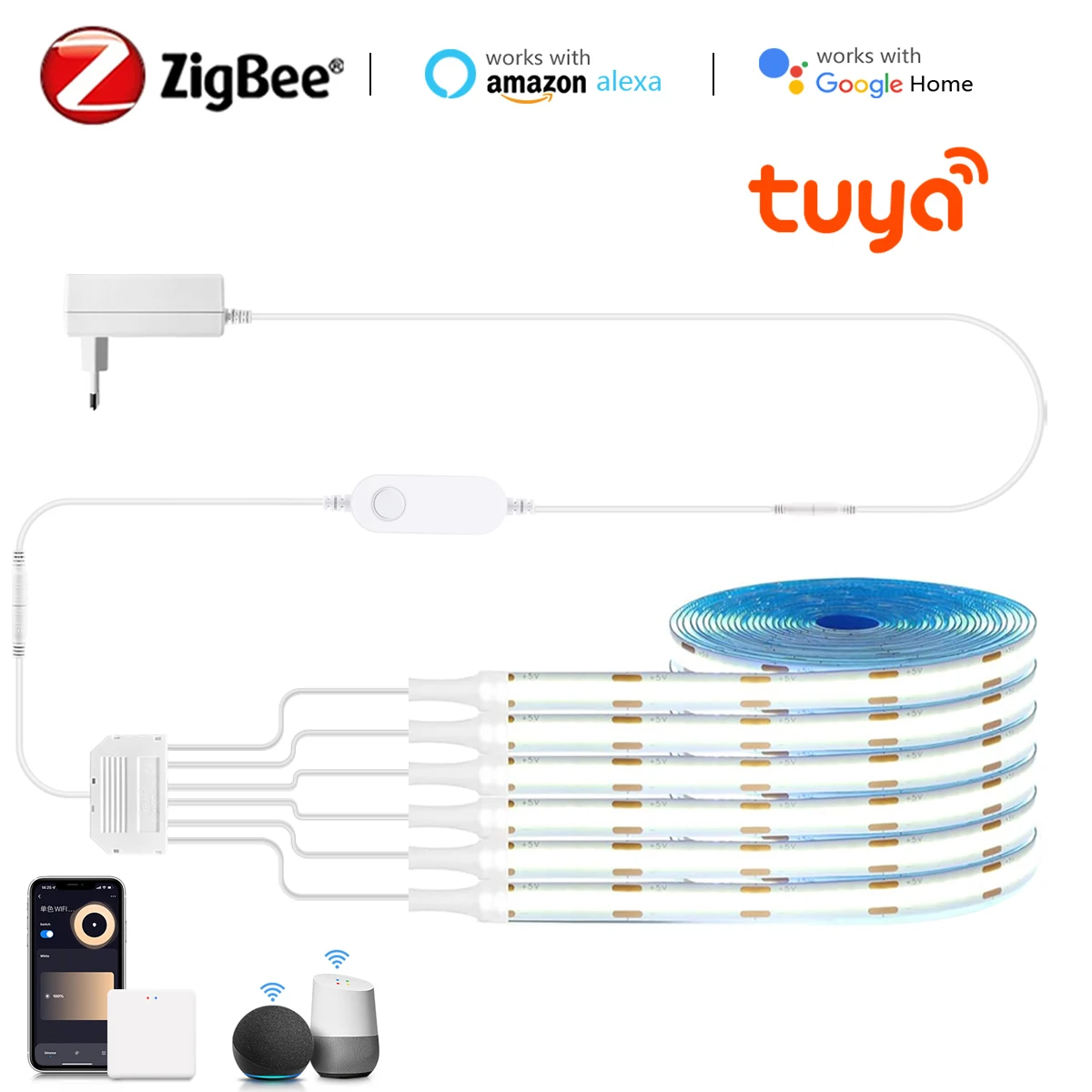Zigbee Switch Smart Home Cabinet COB LED Strip Light Tuya Alexa Dimmable Bookcase Wardrobe Closet Wall Lamp 1-2M Smart Wifi Tape
