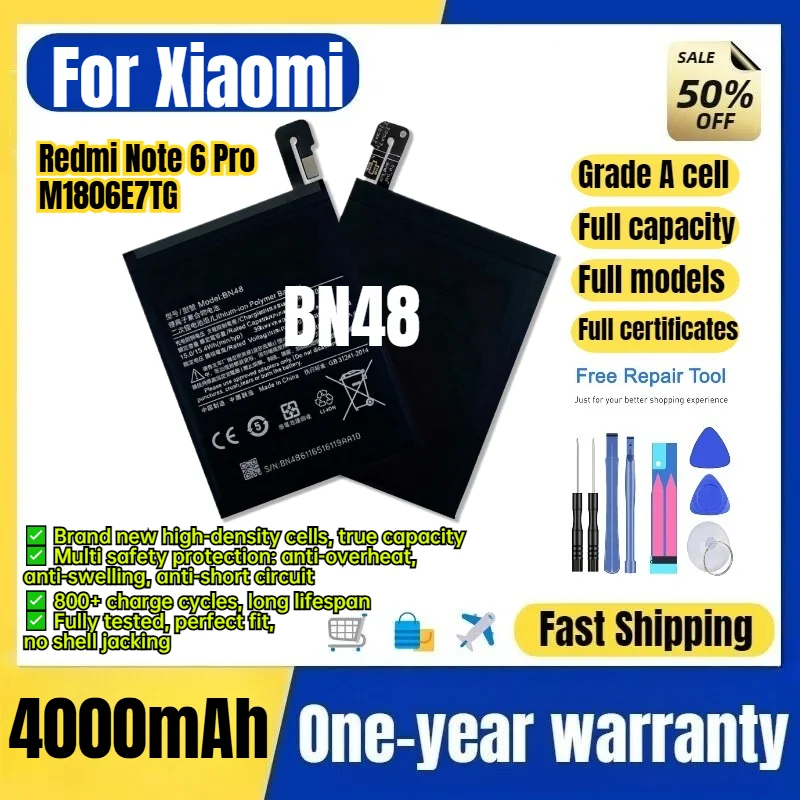 BN48 for Xiaomi Redmi Note 6 Pro/M1806E7TG Phone Battery 0Cycle High Capacity Battery Replacement Bateria Grade A Cell with Tool