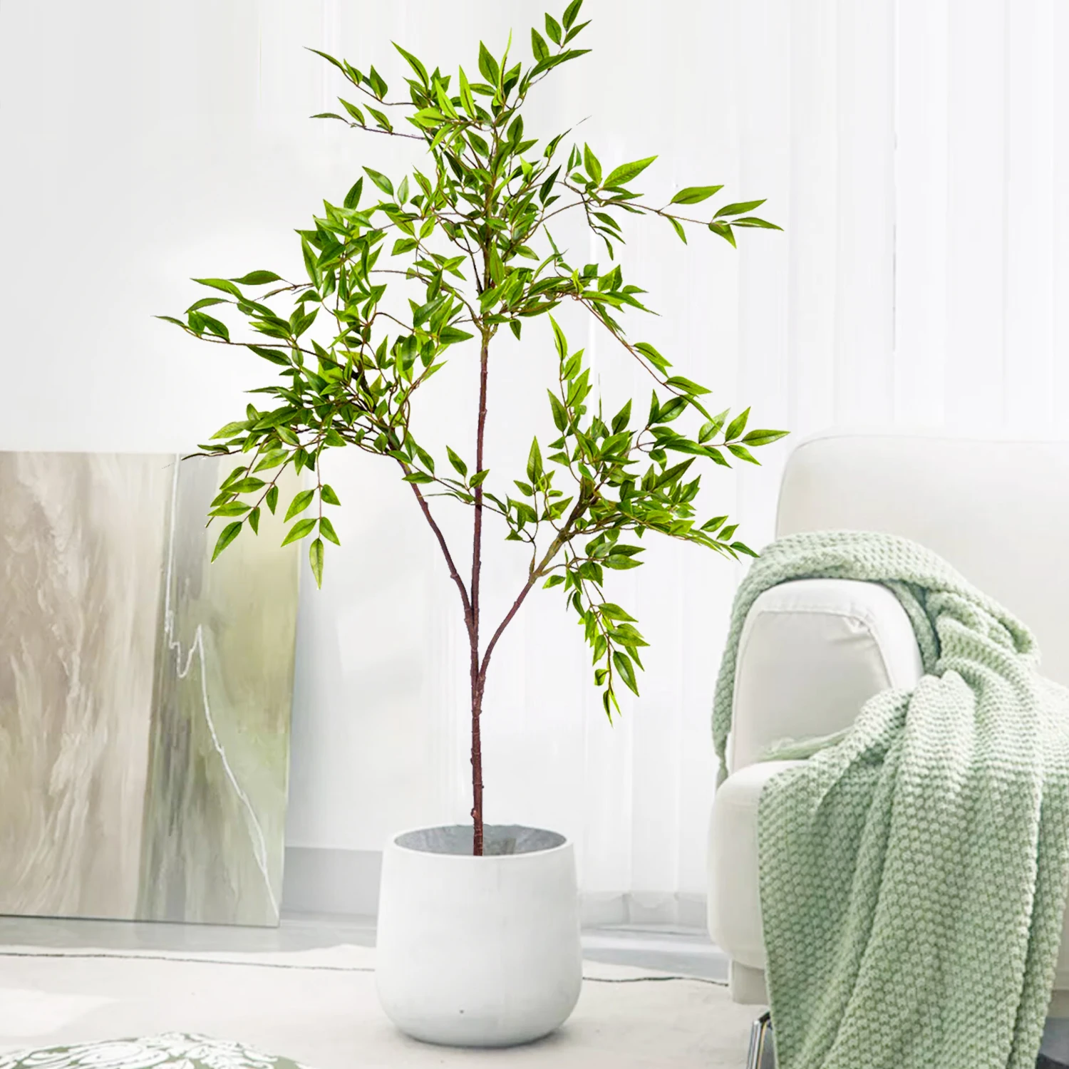 76-140cm (55.1 in)  Artificial Plants Fake Bamboo Tree Branch Plastic Nandina Leaves Tall Green Landscape For Home Garden Decor