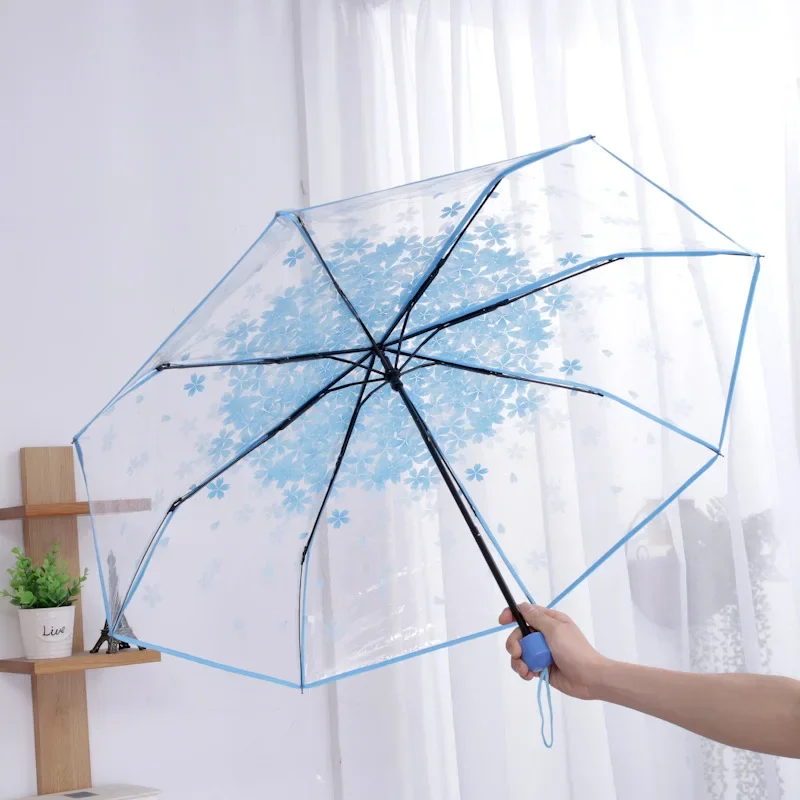 Cherry Blossoms Umbrella Transparent Sakura Rain Umbrellas Manual Open Type Umbrella with Strong Alloy Handle for Men Women