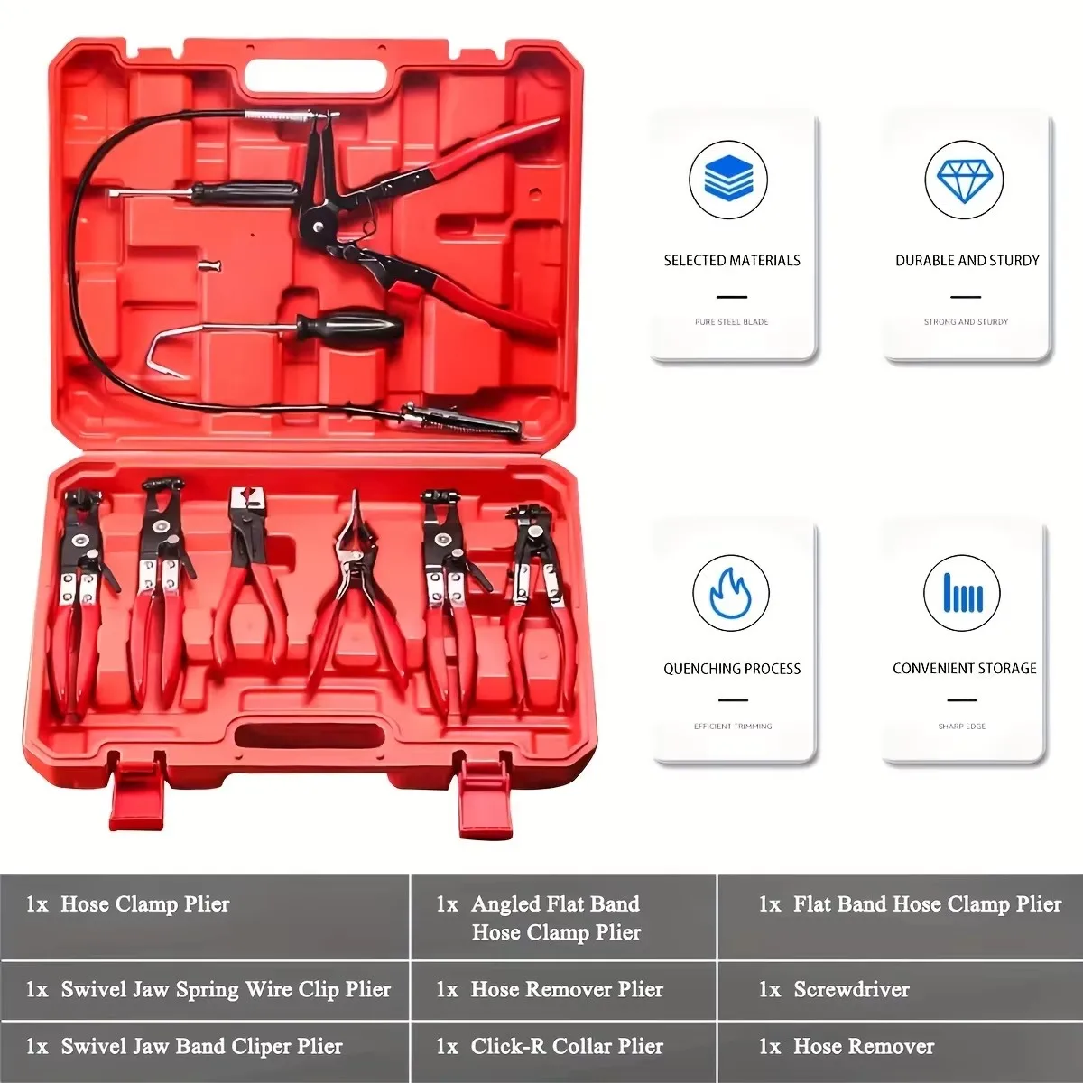 

9pcs Wire Long Reach Hose Clamp Pliers Set Fuel Oil Water Hose Motor Repair Tools Hose Clamp Pliers for Fuel Oil & Water Hoses