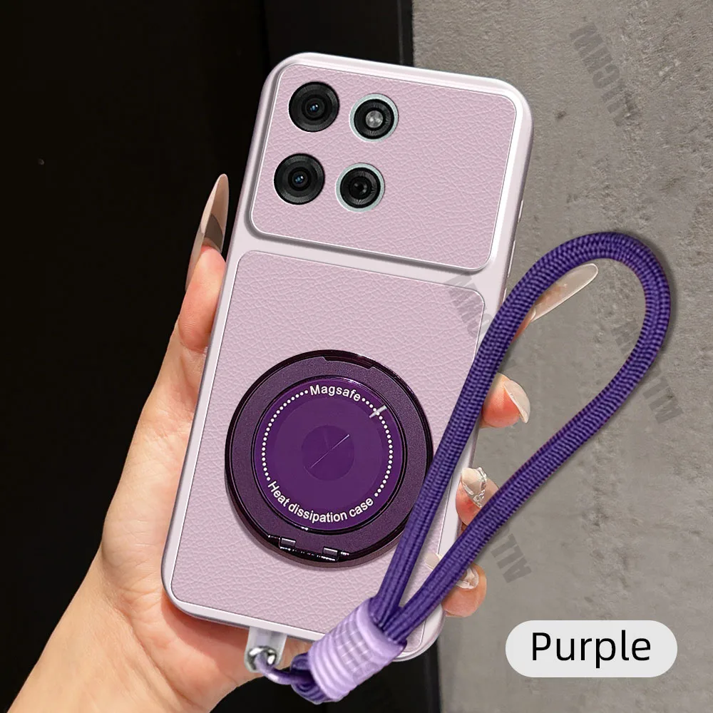 For Motorola Moto G75 Magnetic Rotating Bracket+Lanyard Phone Case For Motorola Moto G75 PU Lambskin Soft Back Cover