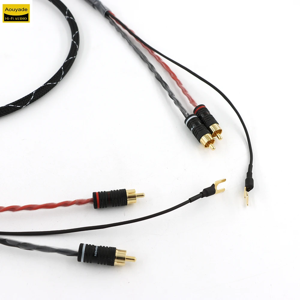 Aouyade 2 RCA to 2 RCA ground U spade plug Audio Phono Tonearm Cable with Ground Wire for LP Vinyl Record player signal cable