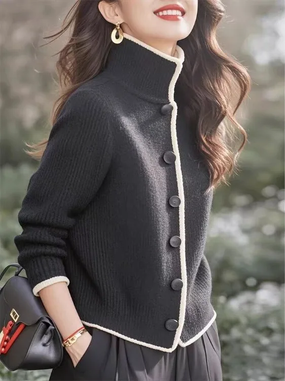 

Retro irt Knitted Open Cardigan Outerwear Women's Autumn Winter Color Blo High Collar Sweater ort Jaet