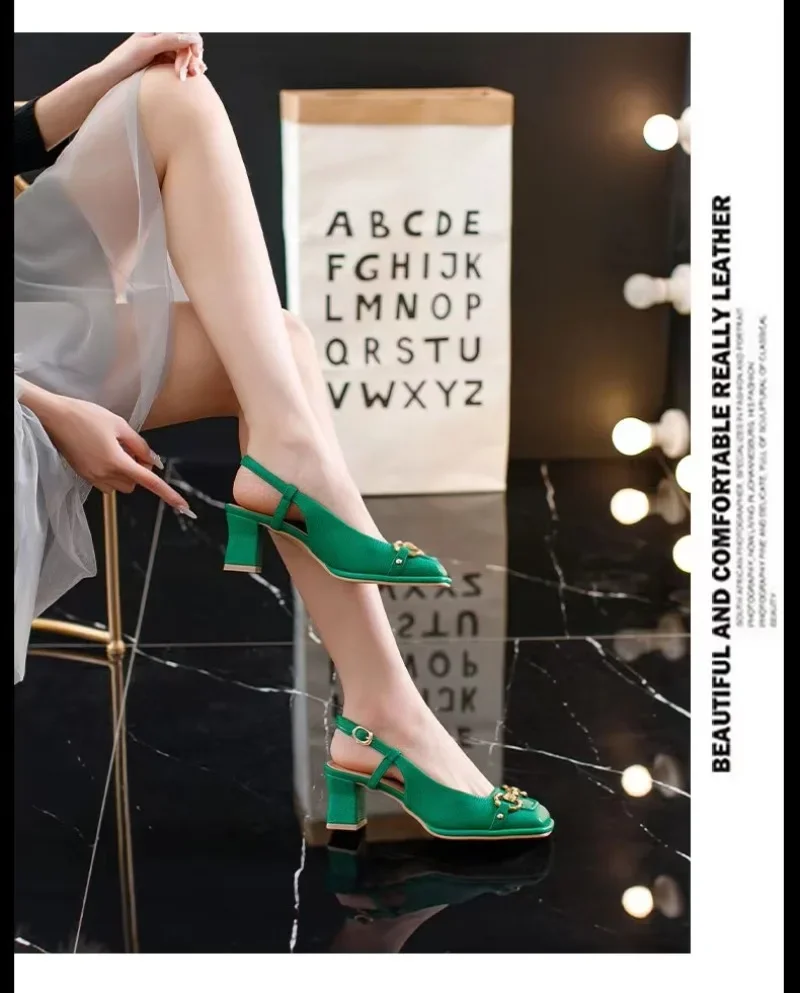 Women\'s Mid-heel 5.5CM 2024 Summer French Style Back Empty Female Thick Heel Square Toe Shoes Black Green