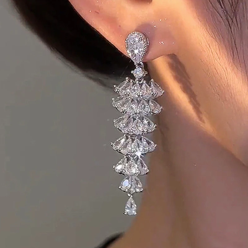 Huitan Sparkling Full Pear Cubic Zirconia Christmas Tree Drop Earrings for Women Aesthetic Party Winter Festival Chic Jewelry