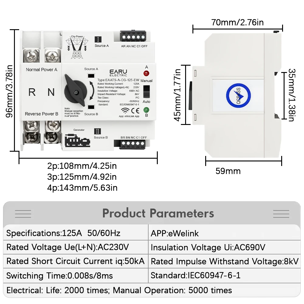 eWeLink WiFi Smart Remote Control 2/3/4P 125A AC 230V ATS Dual Power Automatic Transfer Electrical Selector Switch Uninterrupted