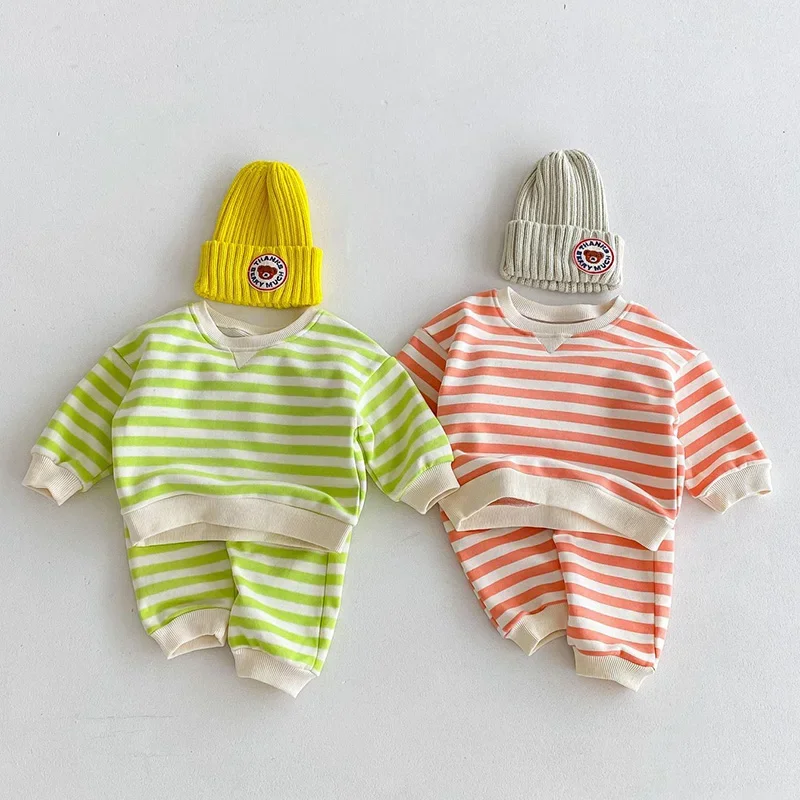 2025 New Spring Infant Baby Girls Boys Clothing Set Long Sleeve Cotton Stripe Pullover Tops+Pants Kids Sports Clothes Suit