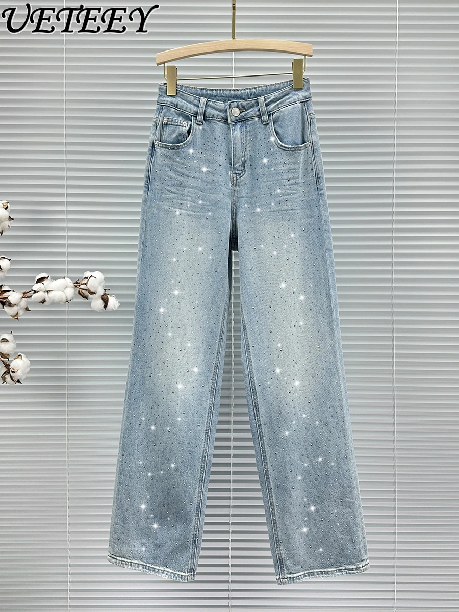 European Goods Ins Rhinestone Mop Jeans for Women Trendy New Autumn High Waist Denim Pants Loose All-Matching Wide Leg Trousers