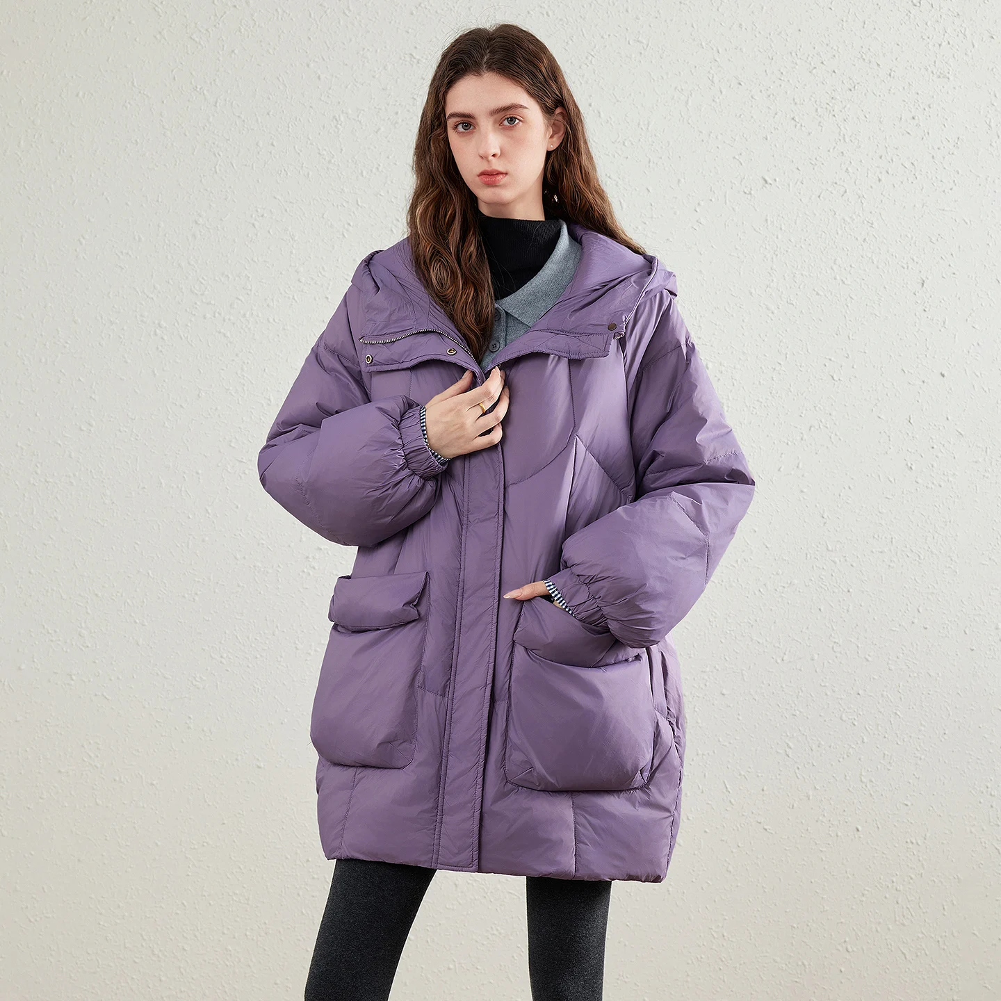 TOYOUTH Womens Down Jacket 2026 Winter New 90 White Duck Down Purple Hooded Large Pocket Warm Long Outerwear