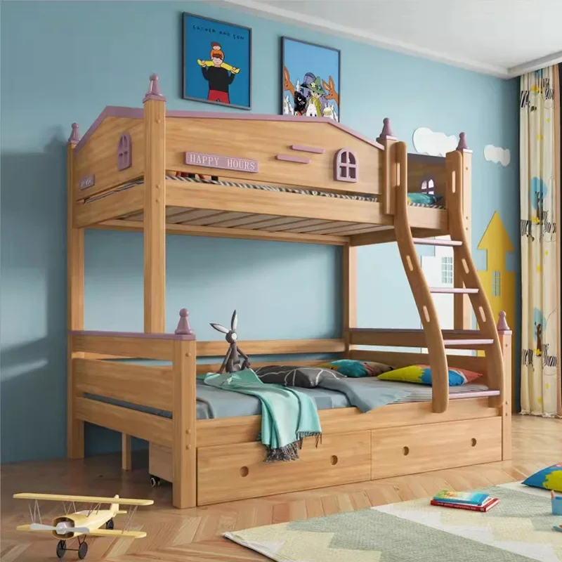 Children's upper and lower bunks, double layer solid wood double bed drawers, combination steps, ladder cabinets