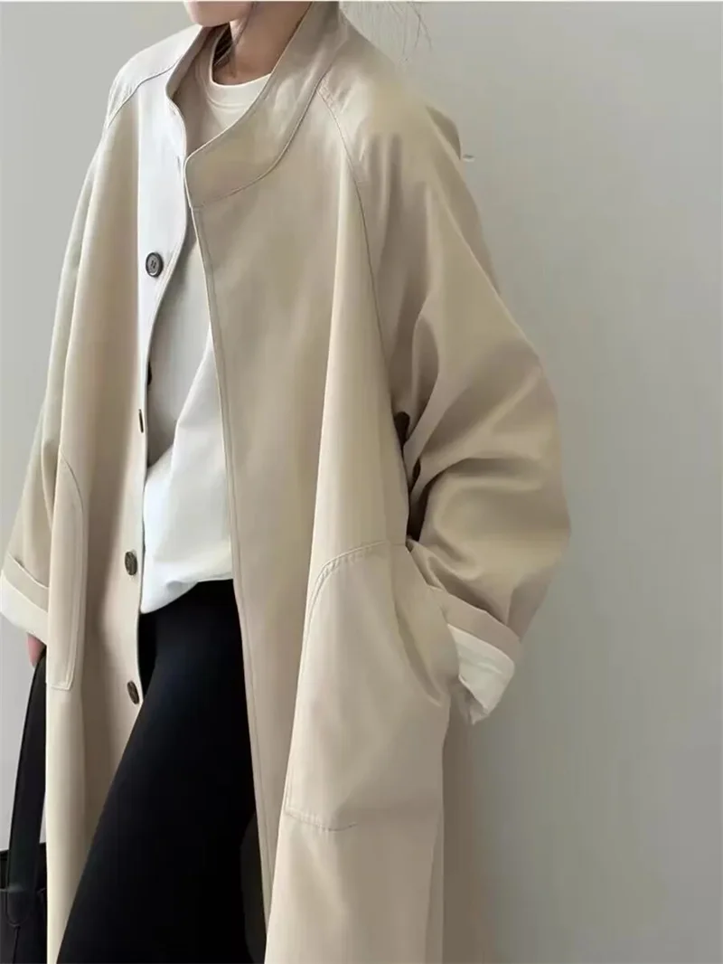 Image of 2026 Stehkragen Herbst Neu Langer Trenchcoat Britisch-Koreanischer High-End Lockerer Temperamentvoller Lässiger Mantel Damenjacke Dunkelgrau