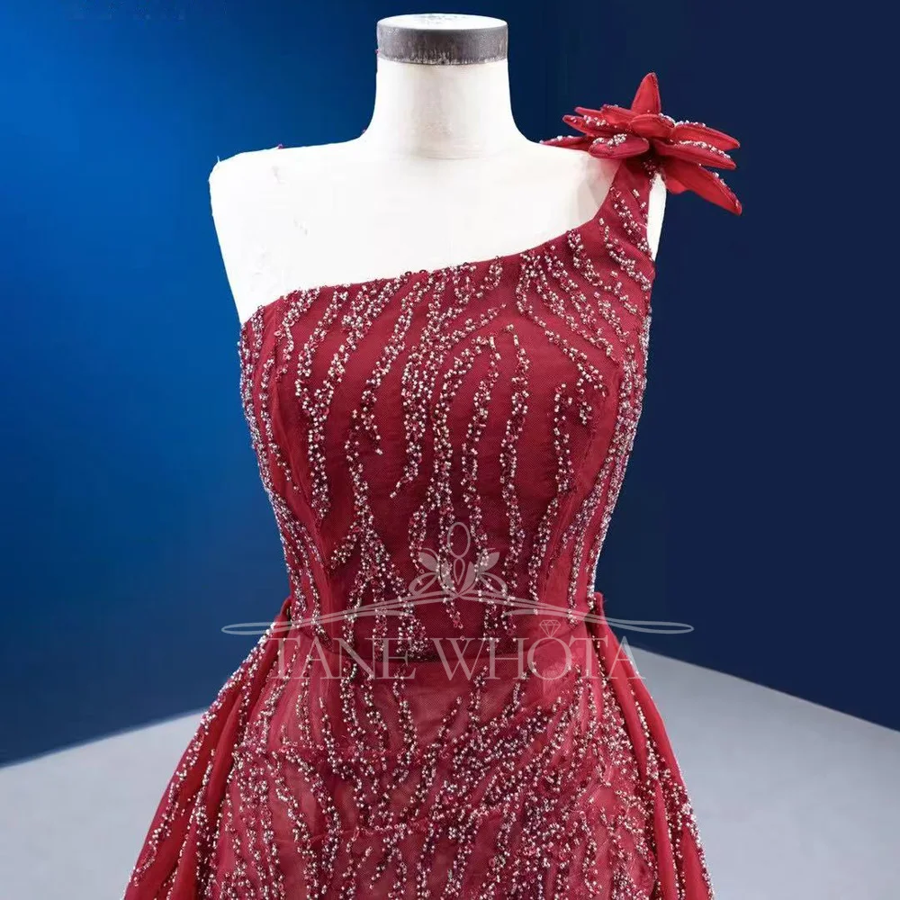 Vestido de noche rojo con un solo hombro, espalda con cordones y tren desmontable, vaina de lentejuelas, vestido de noche lujoso personalizable para mujer