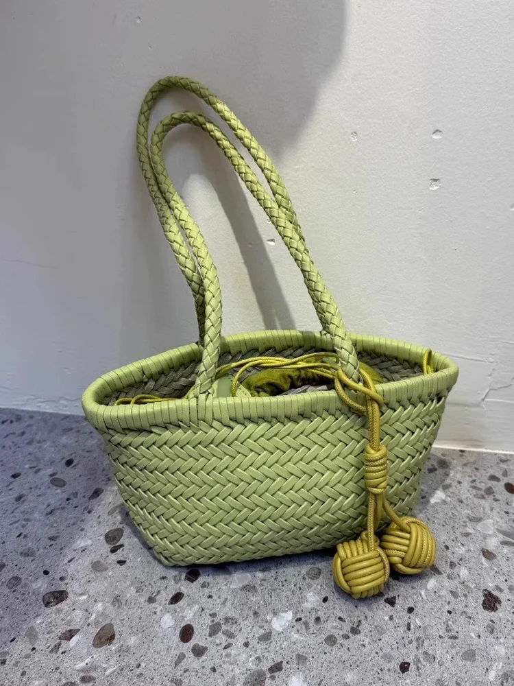 Handwoven Basket Tote Bag Vacation Shoulder Bag Drawstring Closure Retro Design Handcrafted Leather Bag for Youth