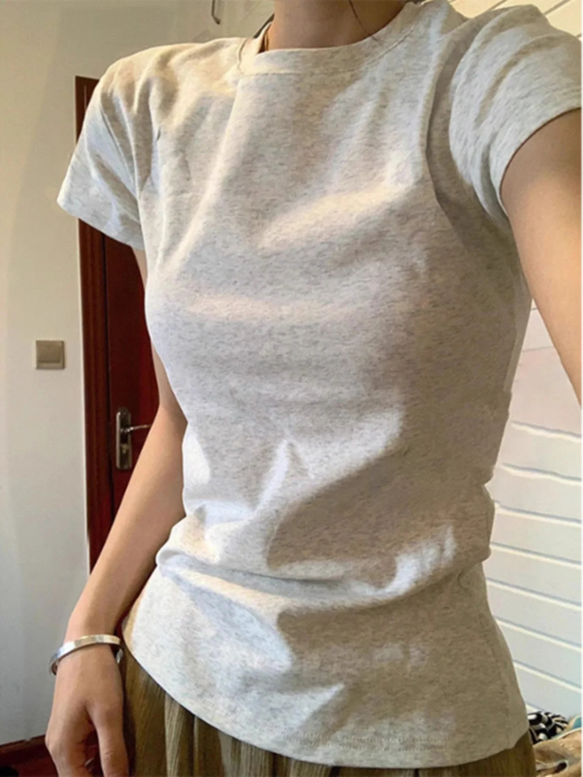 

American Style Short Sleeve T-Shirt Women's Slim Fit Color Top Fashionable Shoulder Design Versatile Casual Cotton Blend