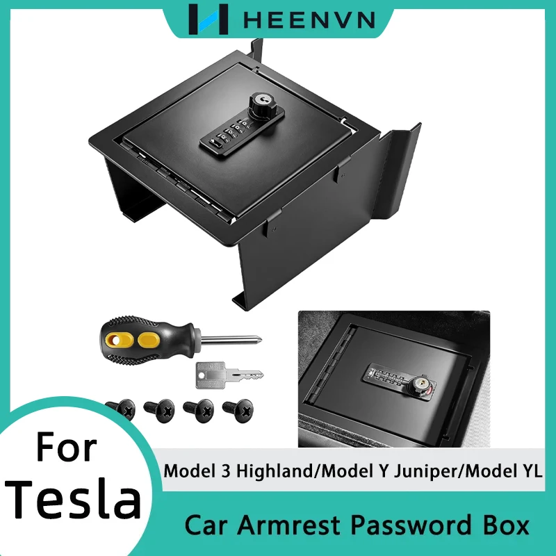HEENVN For Tesla Model Y Juniper Armrest Password Storage Box Car Center Console Safe Lock Box Model 3 Highland Model YL Accesso
