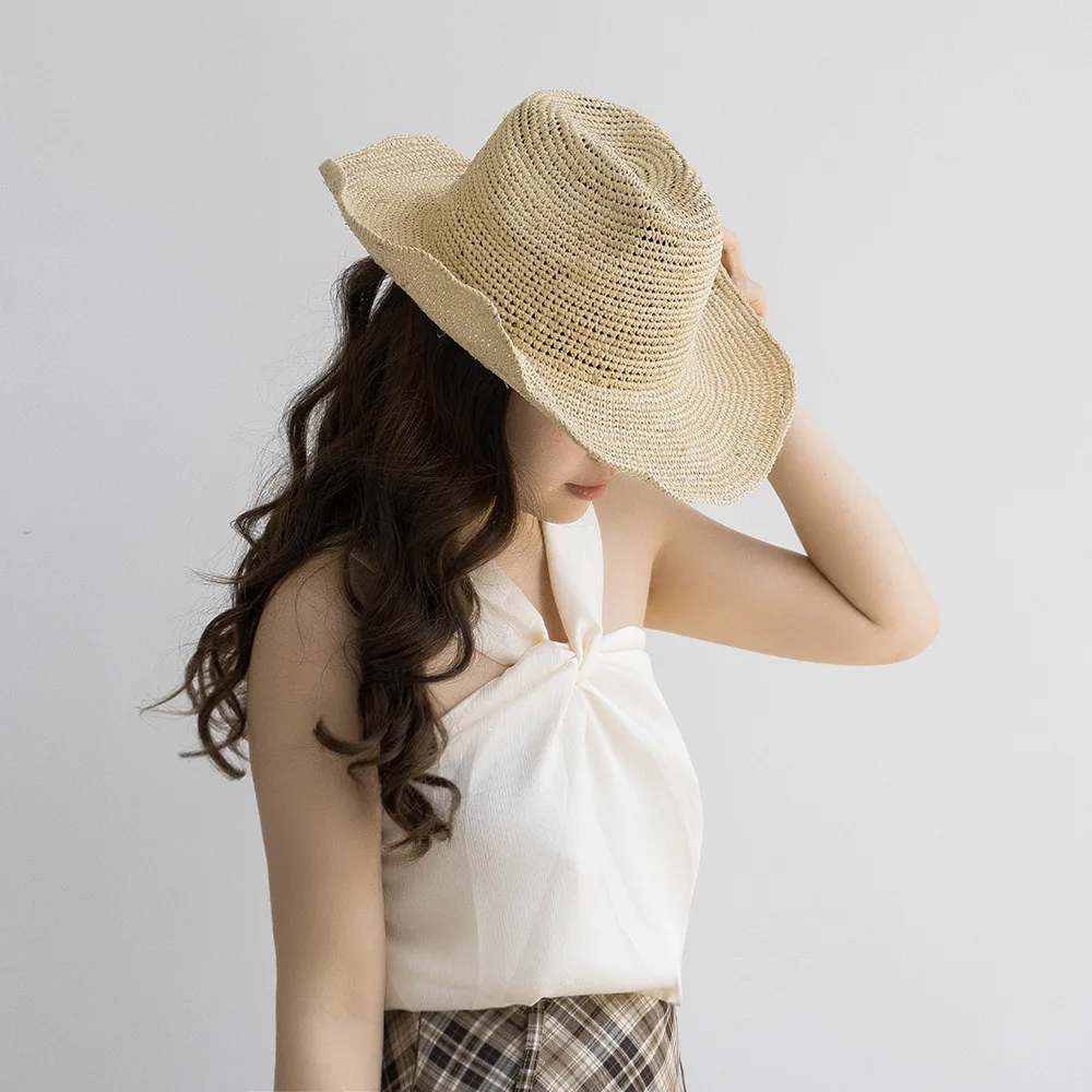 USPOP New Spring Summer Fashion Casual Simple Crochet Raffia Cowboy Hat with Curled Brim Outdoor Sun Protection Straw Hat