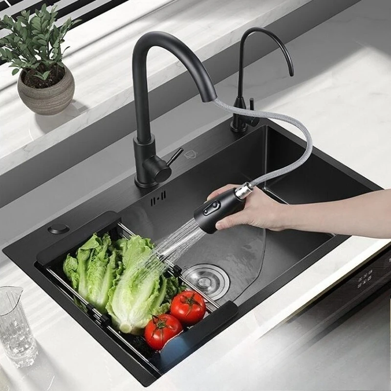 

Black Stainless Steel Kitchen Sink Single Bowl Large Deep Basin 3 Hole Undermount Modern Home Dish Drainer Multifunctional