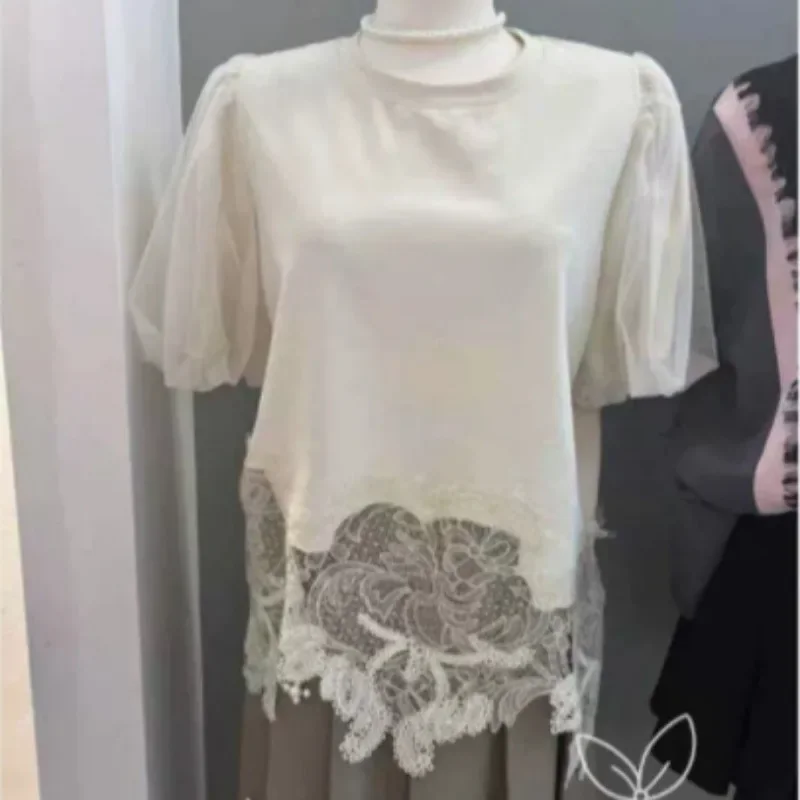Irregular Lace Hem T Shirt For Women Spring Summer Elegant Korean Fashion Ropa De Mujer Puff Sleeve Sweet Chic Tees