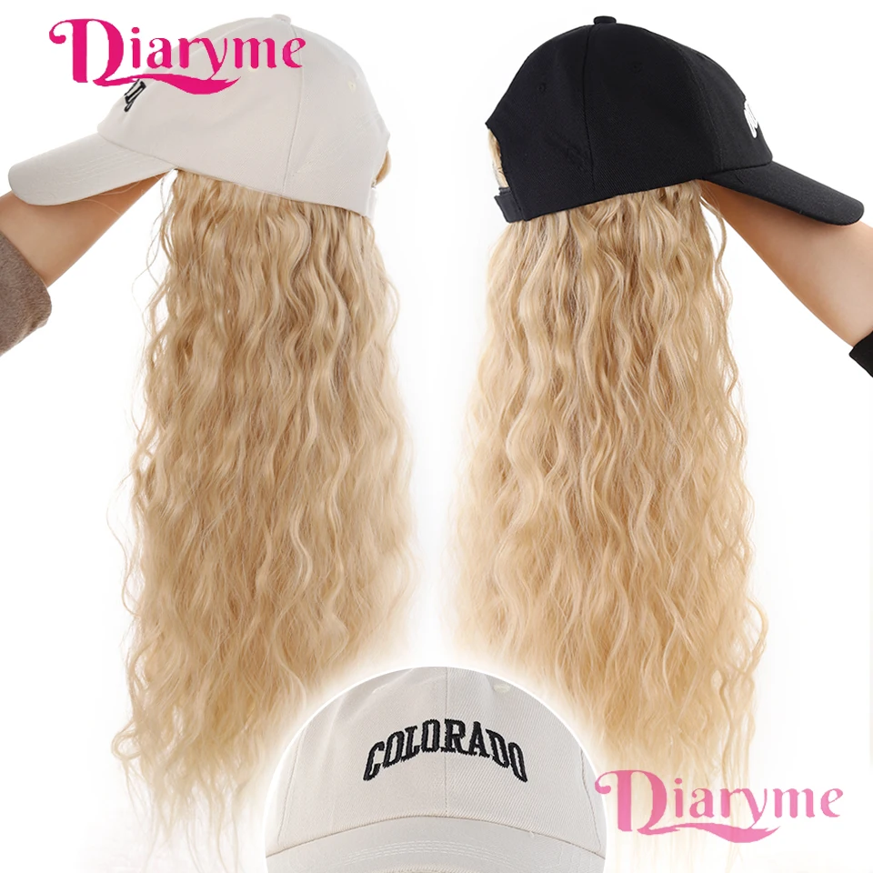 Wig Topi Satu Set Wanita Alami Modis Topi Baseball Rambut Panjang Keriting Sintetis Wig Full-Head untuk Wanita Penggunaan Sehari-hari