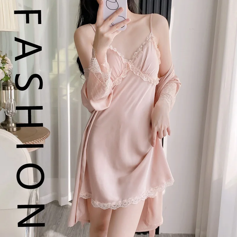 

Пижамы женские весенне-осенние, тонкая ночная рубашка из ледяного шелка на подтяжках, летняя сексуальная кружевная одежда с v-образным вырезом и подушечкой на грудь, новинка