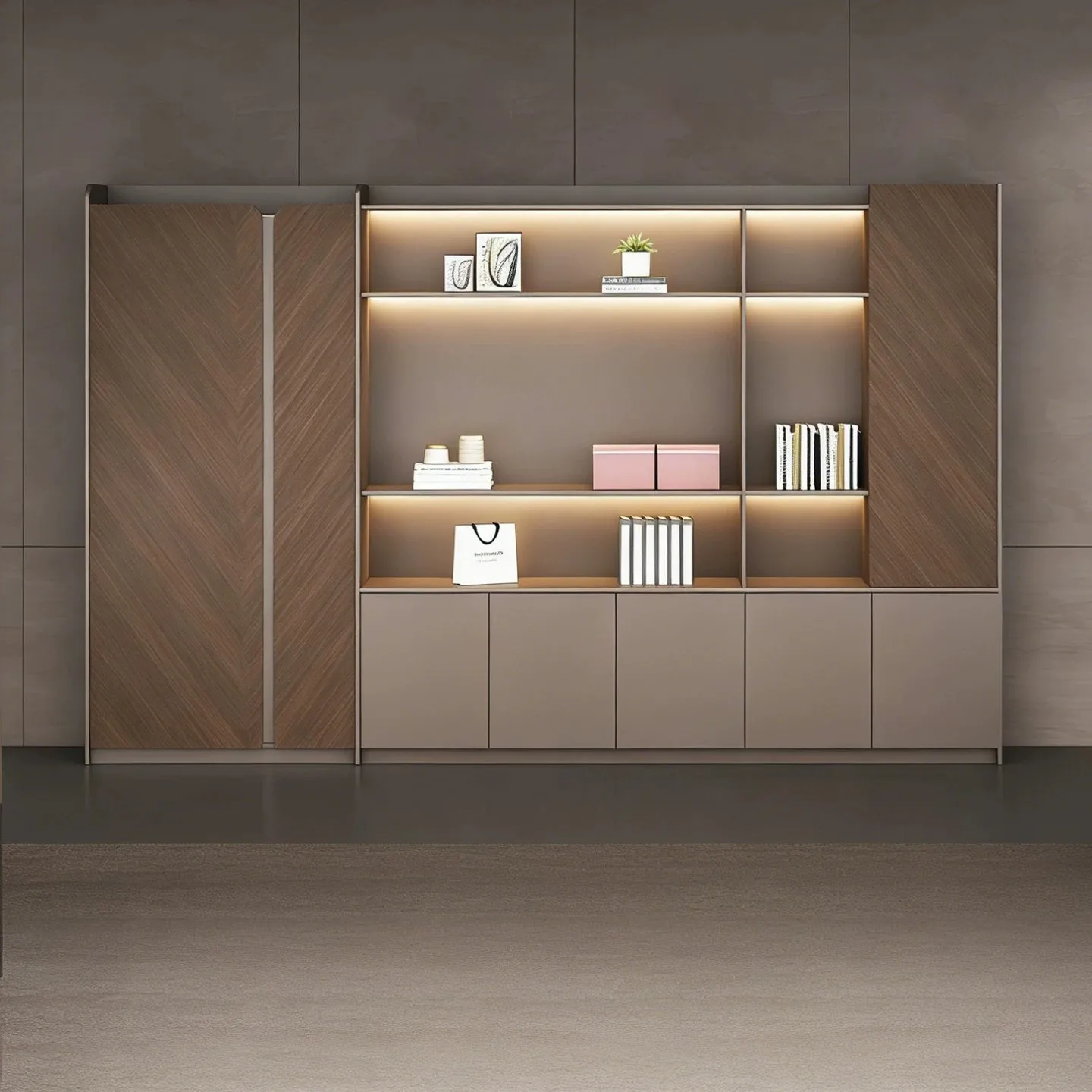 Office File Cabinet Wooden Floor Cabinet Office Boss Desk Bookcase Background  With High-end Bookshelf Storage