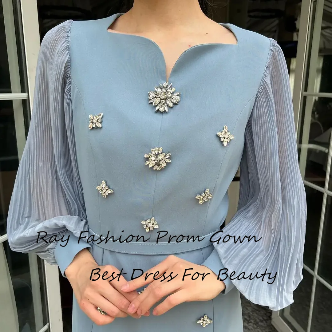 Glamorous Mermaid Prom Dress Satin Square Neck Full Lantern Sleeves Beaded Tea Length For Women Formal Party Vestidos De Noche