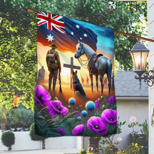 Anzac Day Animals in War Purple Poppy Australia Flag Garden Flag GGP