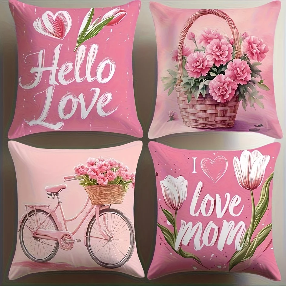 4Pcs Mother's Day Pillow Covers - Pink Floral & Bicycle Theme, Machine Washable, Zipper Closure,Polyester, for Living Room Decor