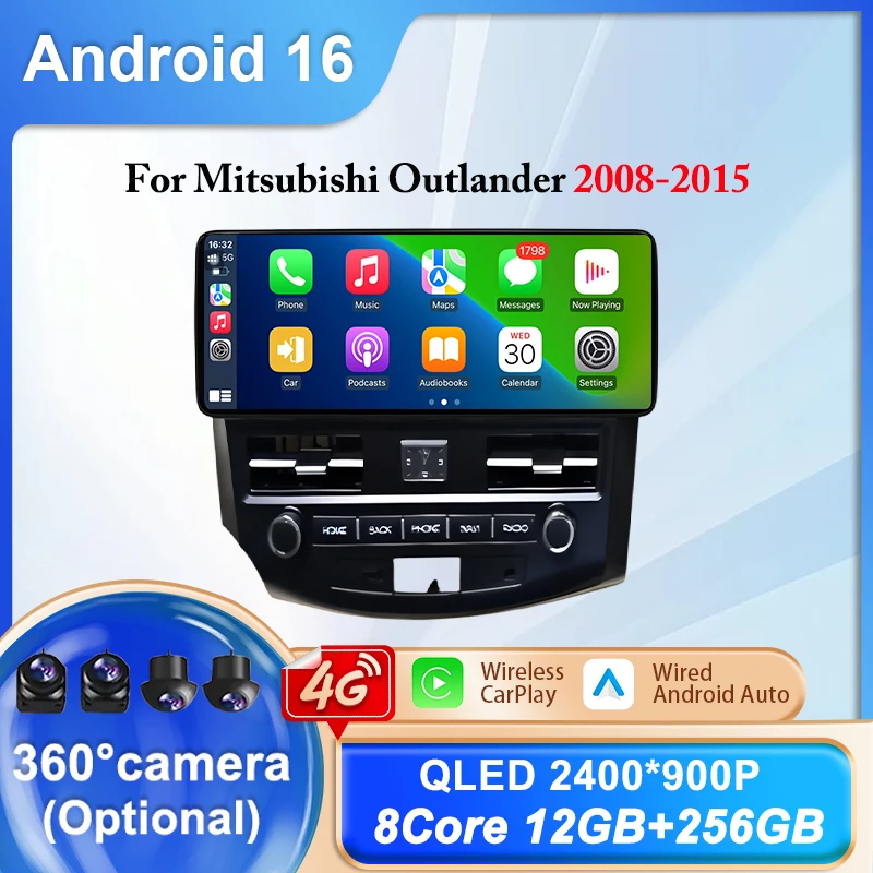 

Мультимедийный проигрыватель Android 16 с экраном 12,3 дюйма для Mitsubishi Outlander 2008-2015, с Wi-Fi, функцией разделения экрана, Bluetooth и CarPlay