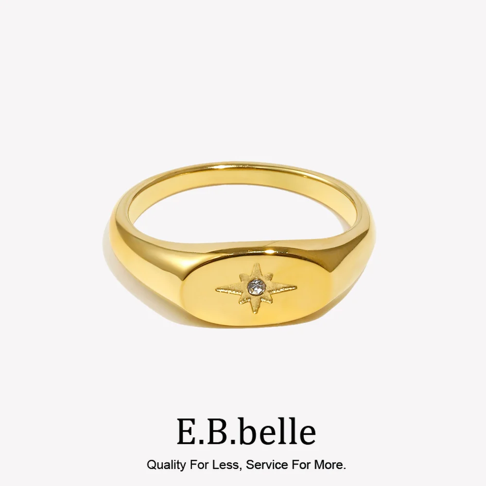 E.B.belle New Waterproof Stainless Steel Oval Face 3A Zircon Paved Star Ring Water Resistant 18K Gold Plated Rings For Lady