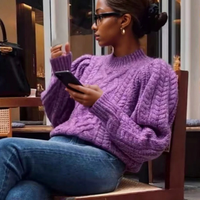 

Half Turtleneck Women Pullover Twists Knitted Sweater Long Sleeve Autumn Purple Top Vintage Style Winter Elegant Knitwear Casual