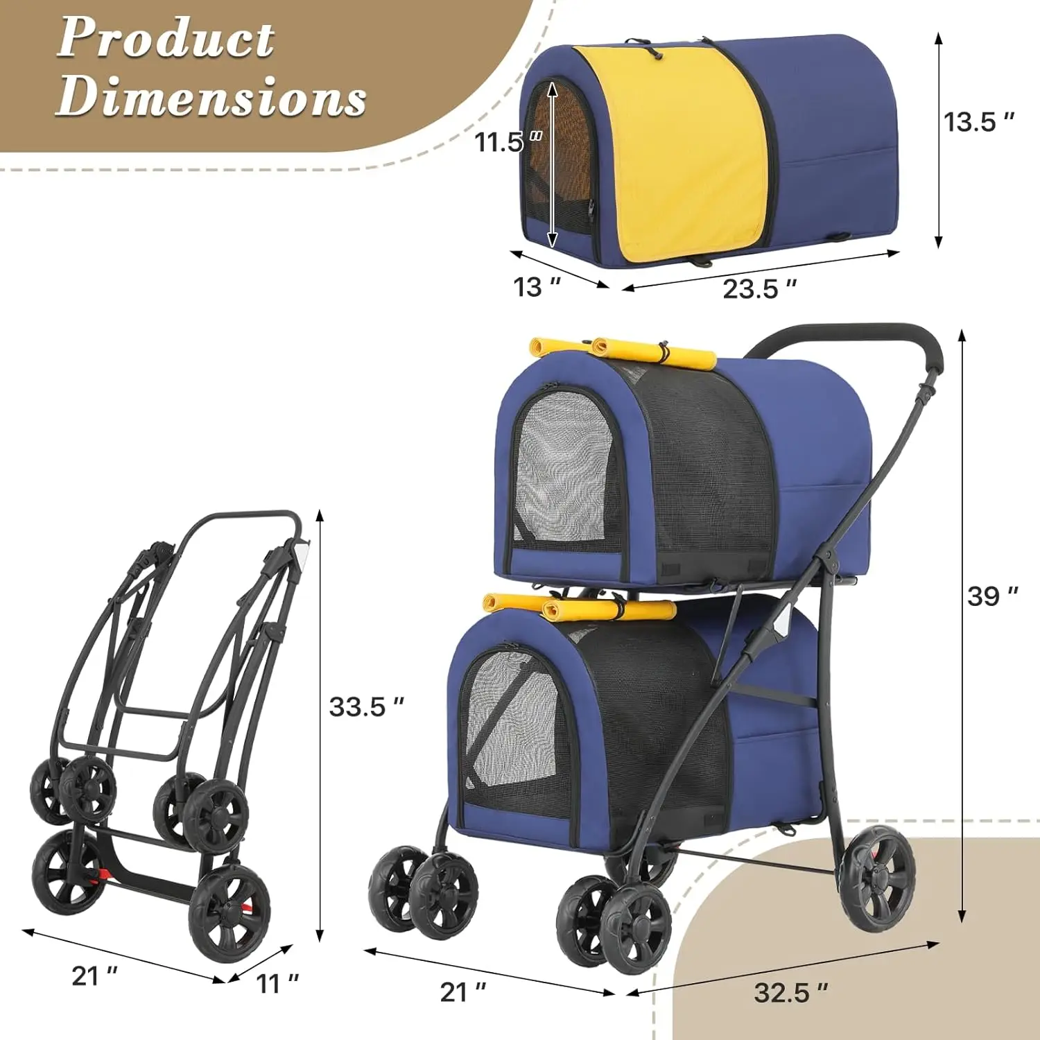 Double Foldable Waterproof Pet Stroller For Dogs And Cats With Detachable Carrier Bag Safety Rope Lockable Wheels And Travel