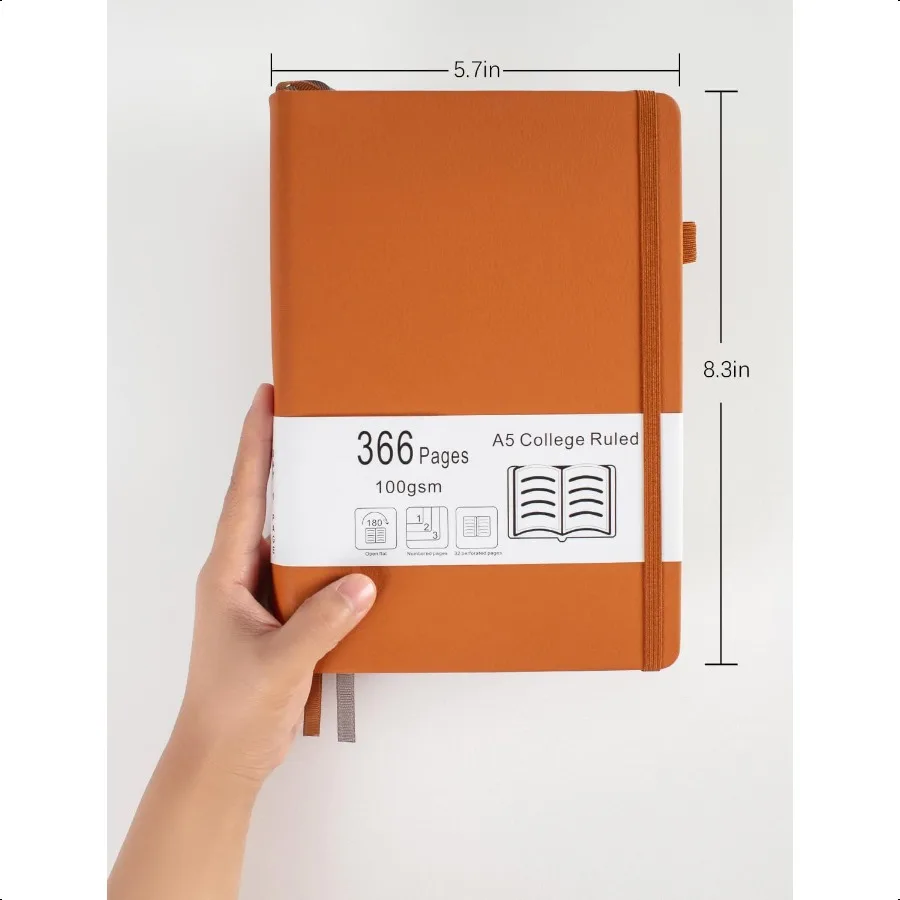 دفتر ملاحظات سميك مسطر للكلية مع 366 صفحة مرقمة ومجلات A5 للكتابة مع دفتر ملاحظات جلدي مبطن بالورق 100GSM
