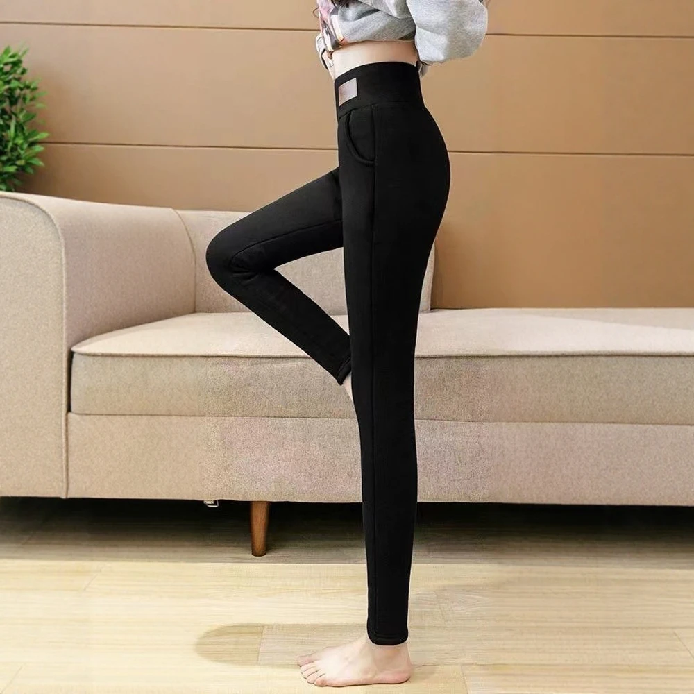 Damskie legginsy z wysokim stanem, dopasowane do kostek, koreańskie, codzienne, jednokolorowe, z naszywkami, ocieplane polarem, jesienno-zimowe, codzienne legginsy.
