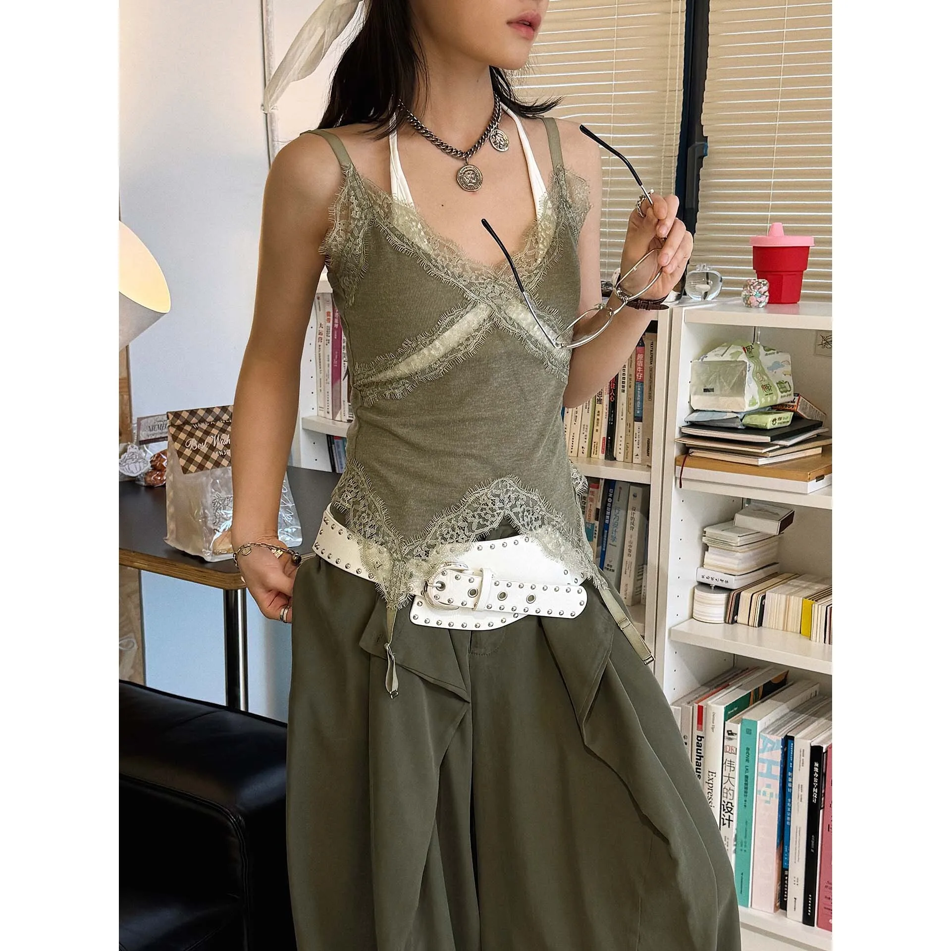 FANAN 2026 Summer New Paris INSV Collar Lace Deconstructed Splicing Strap Detail Design Top For Women Fashion Bottoming Clothing