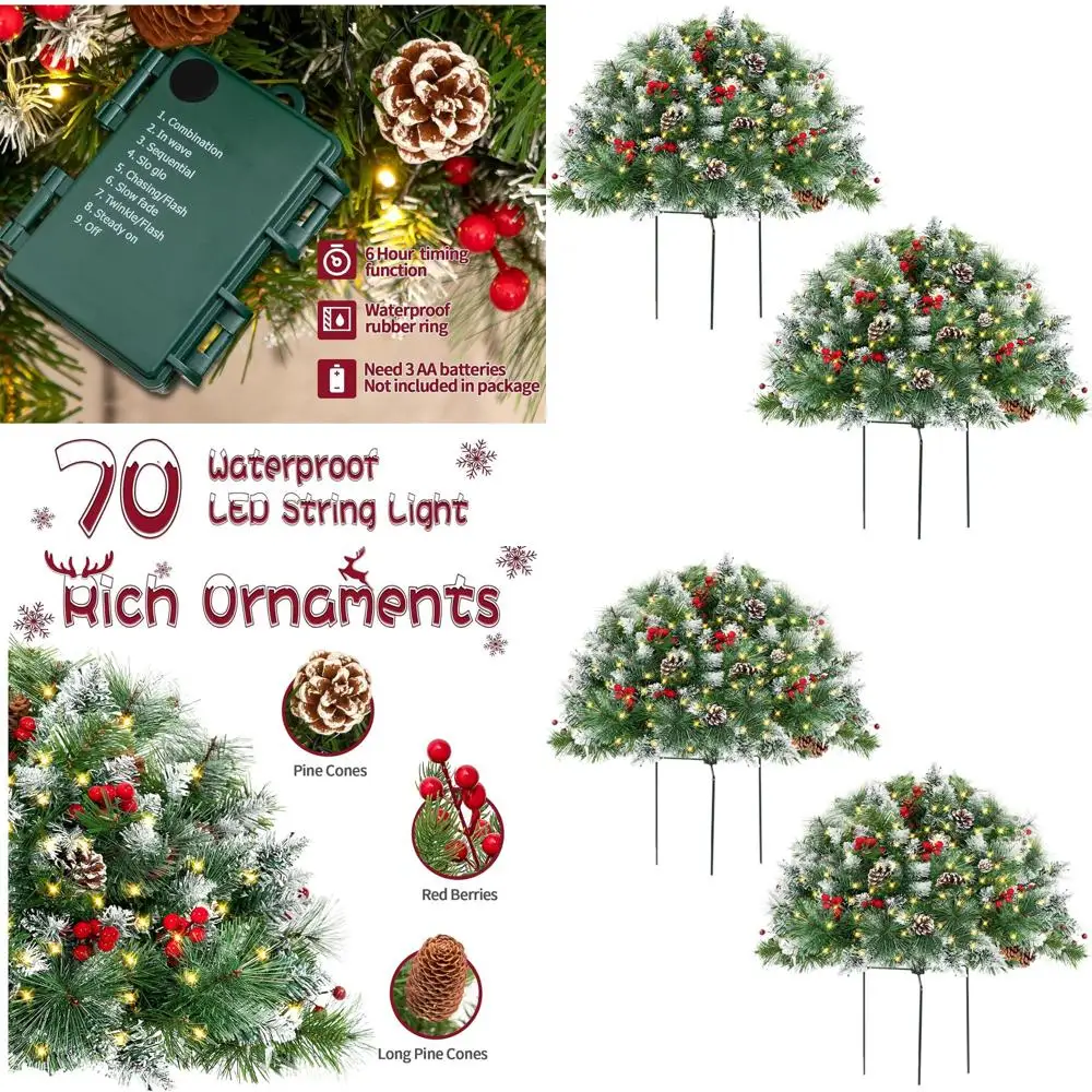 

Набор флокированной рождественской елки с предварительной подсветкой, 70 лампочками, маленькой искусственной елкой, конусами и красными ягодами.