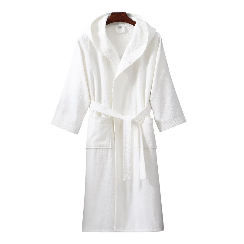 Women Hooded Towel Bathrobe 100% Cotton Winter New Thick Absorbent Terry Bath Robe Kimono Men Dressing Gown Solid Sleepwear