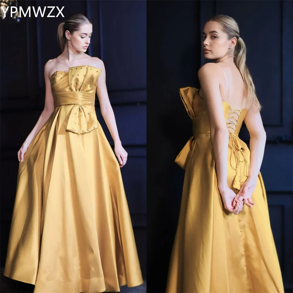 

Customized Evening Dress Women Prom Gown Party Occasion YPMWZX Strapless A-line Floor Length Skirts Draped Bows Bead Sleeveless