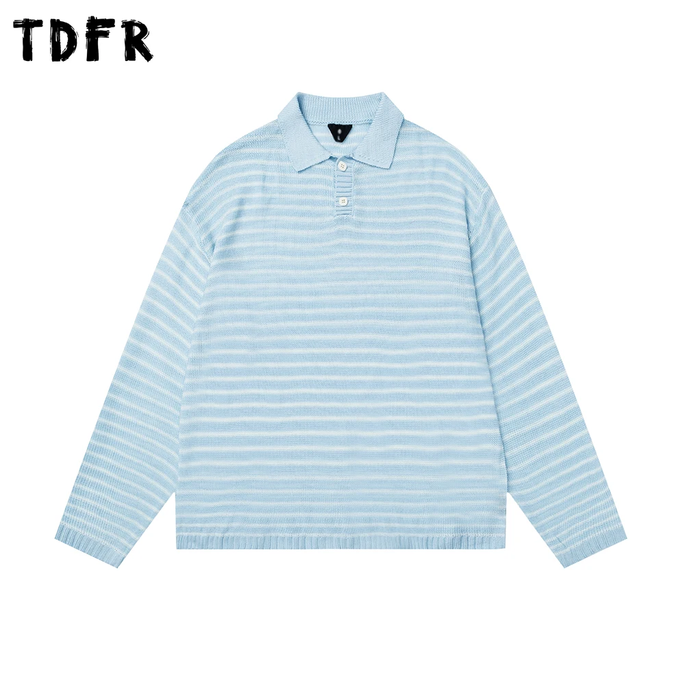 

Knitted Striped Sweater Mens Autumn Retro Casual Loose Lapel Long Sleeve Pullover Man Tops