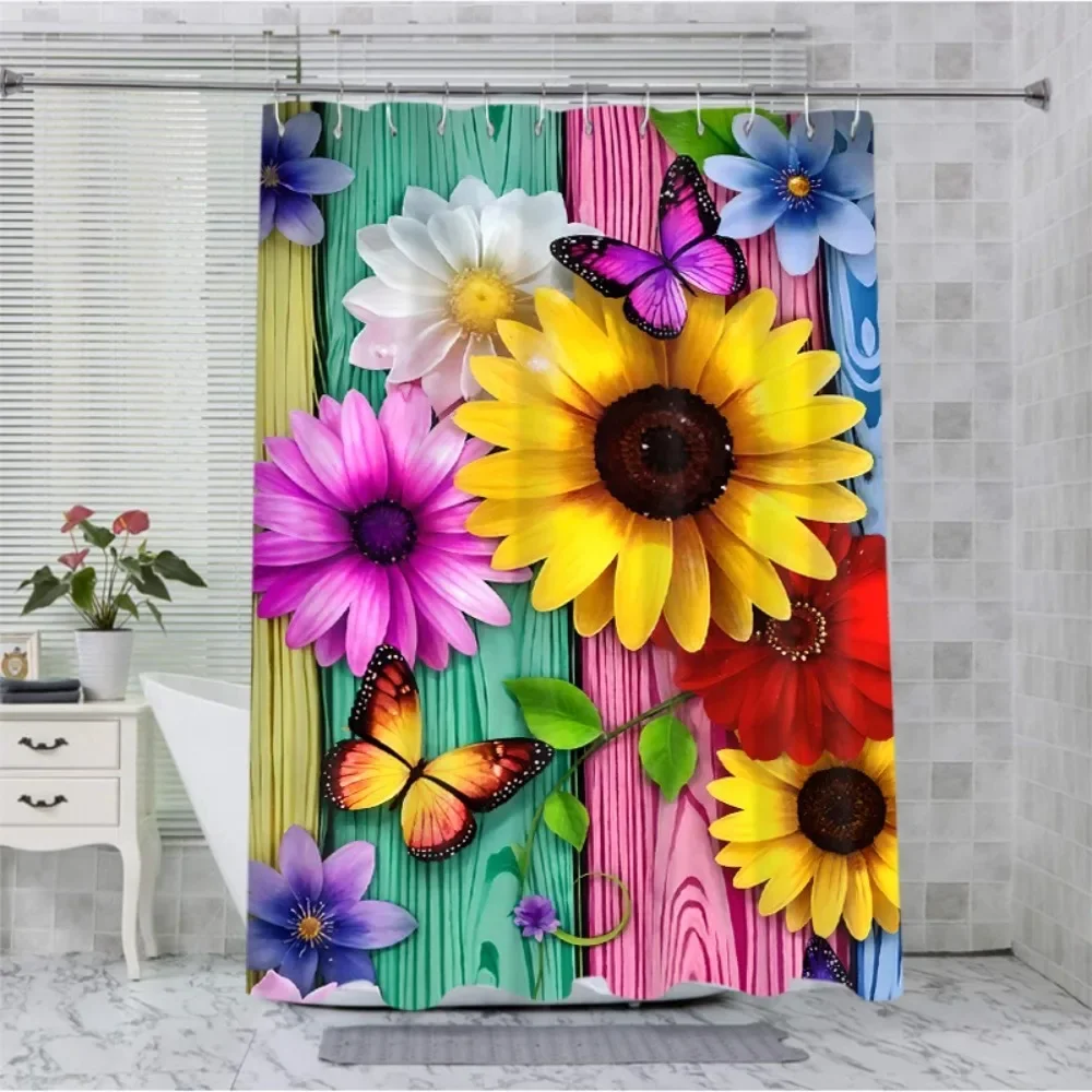 

Занавеска для душа в ванной комнате с цветным деревом P, водонепроницаемая тканевая занавеска для ванной комнаты с 12 крючками, подсолнух для дома