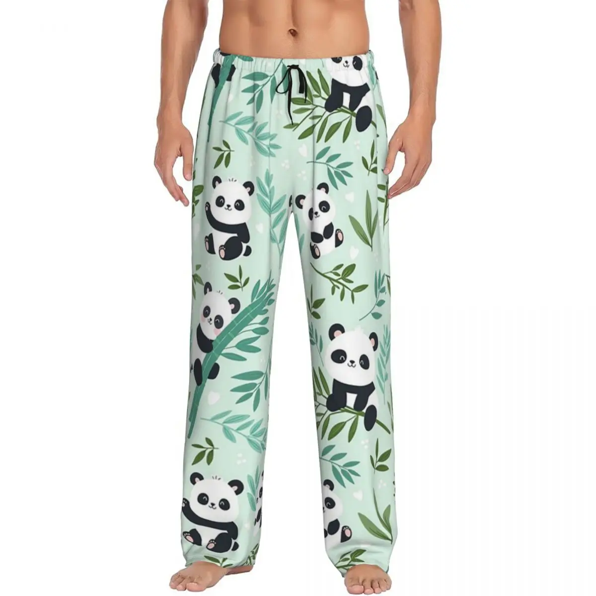 Custom Cartoon Panda And Bamboo Pattern Pajama Pants Men Sleepwear Sleep Lounge Bottoms with Pockets