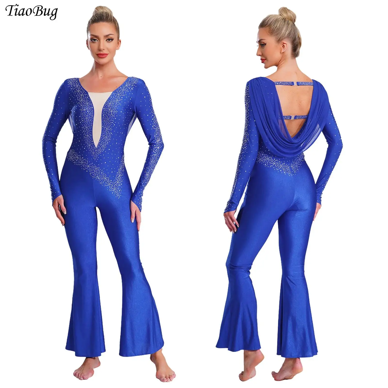 

Womens Glitter Rhinestone Latin Dance Rompers Long Sleeve Mesh Bell Bottom Pants Gymnastics Leotards Jumpsuit Cha-cha Dancewear