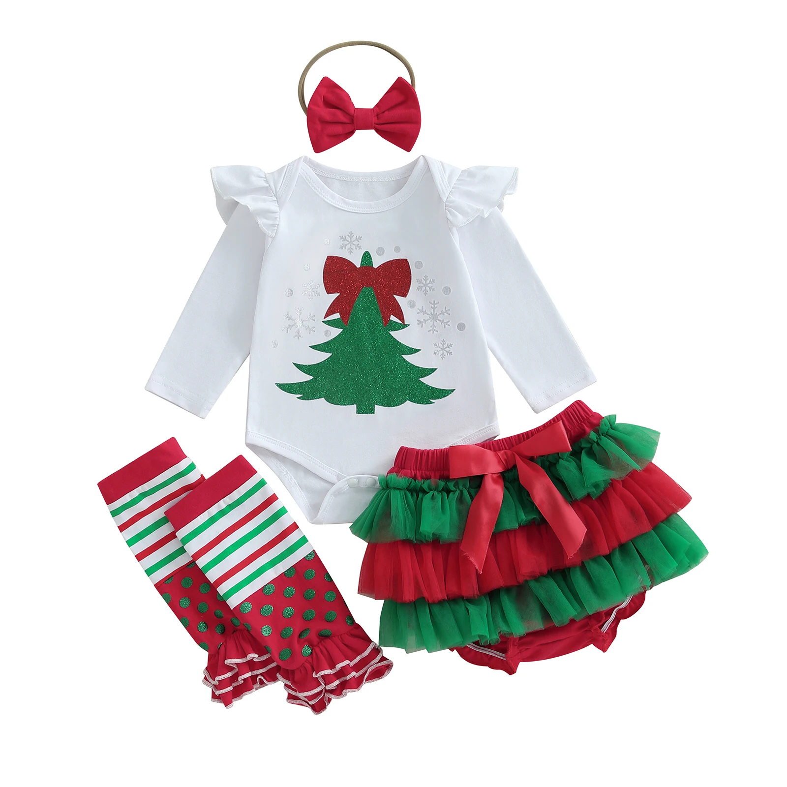 

Рождественский наряд для маленьких девочек, комбинезон с длинными рукавами, фатиновая юбка, шорты, повязка на голову, гетры, комплект одежды для младенцев