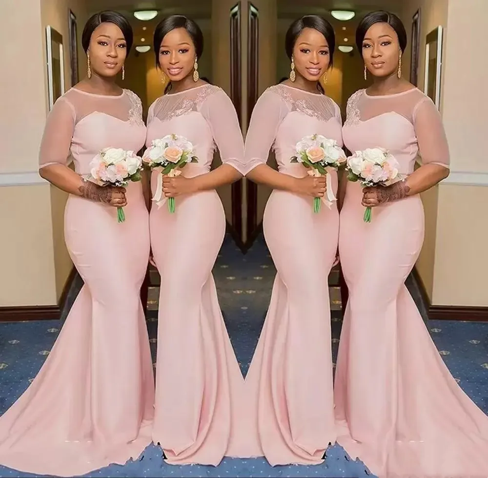 

Customized Elegant Blush Pink Mermaid Bridesmaid Dresses for Women 2023 Half Sleeve Maid of Honor Wedding Guest Gowns YBD37